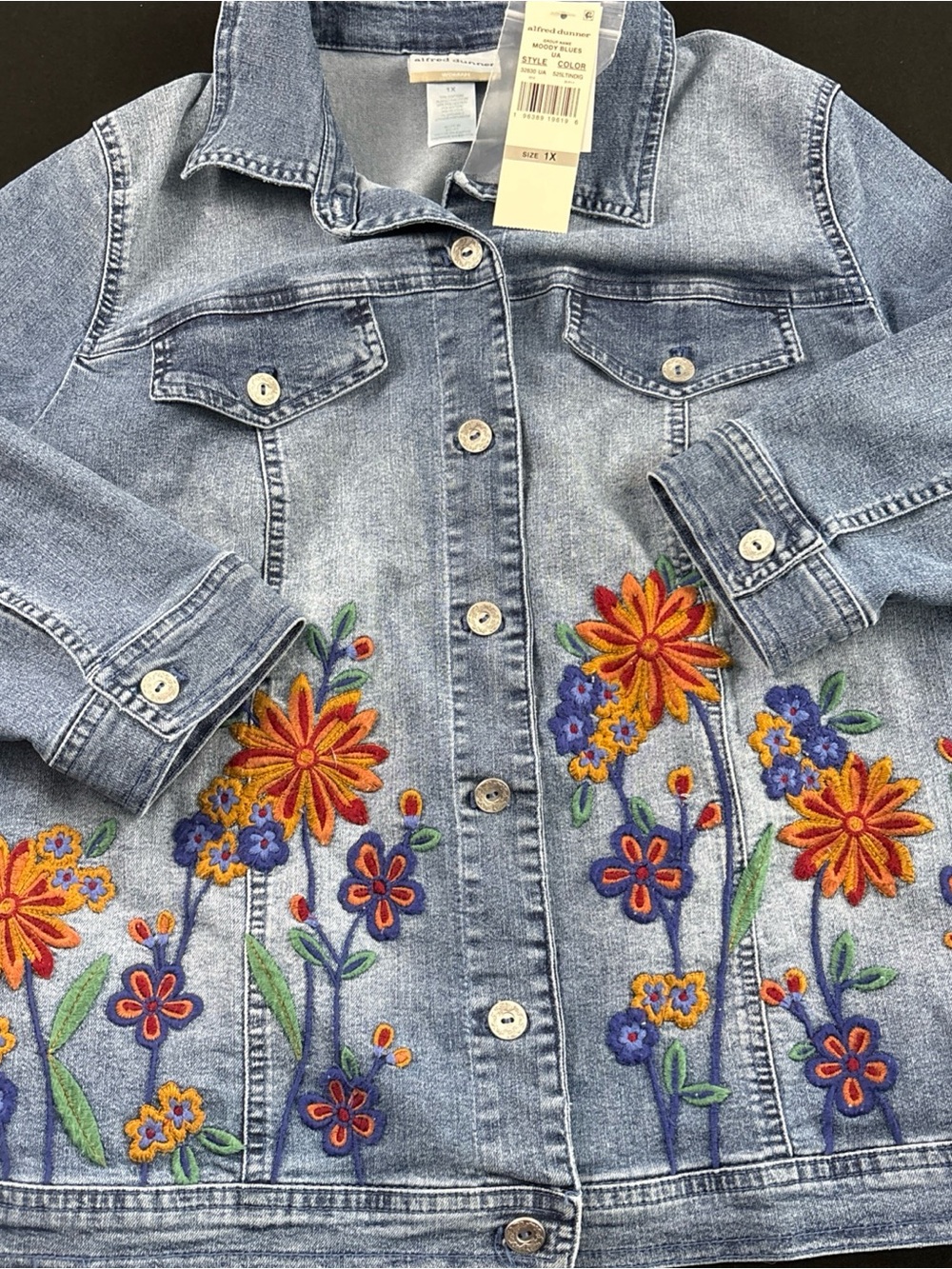 Alfred Dunner Light Blue Denim Jacket with Orange & Purple Floral Embroidery 1x